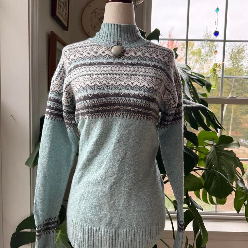 Icy Baby Blue Fair Isle Mock Neck Sweater Small